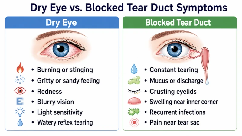 Comparison chart of dry eye symptoms and blocked tear duct symptoms.