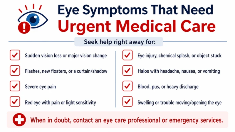 Checklist of eye symptoms that need urgent medical care.