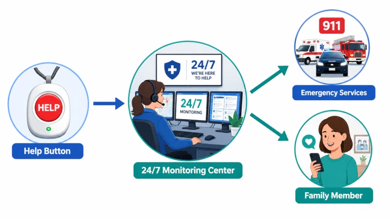 Diagram showing a help button connecting to a 24/7 monitoring center, which then contacts emergency services or a family member.
