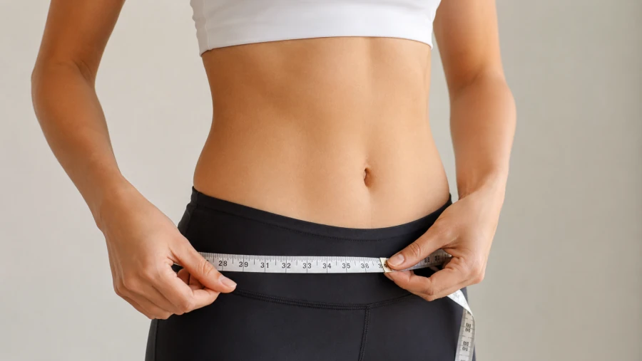 Person measuring waist circumference just above the hip bones with a tape measure.