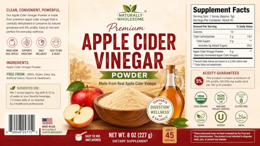 Apple cider vinegar powder label showing ingredients, serving size, acidity, and certifications