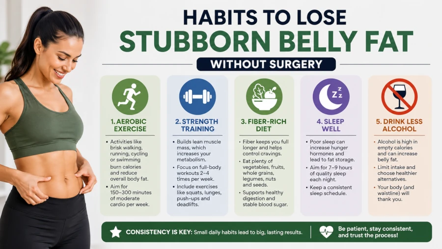 Habits to lose stubborn belly fat without surgery: aerobic exercise, strength training, fiber-rich diet, sleep, less alcohol.