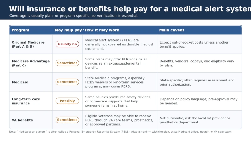 Table summarizing whether Medicare, Medicare Advantage, Medicaid, long-term care insurance, and the VA may help pay for a medical alert system.
