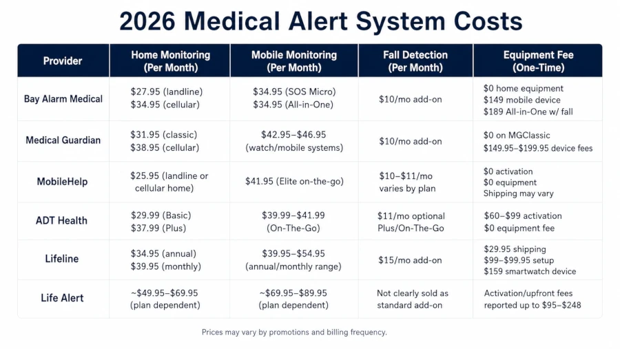 Table comparing 2026 medical alert system costs, including home monitoring, mobile monitoring, fall detection, and equipment fees.