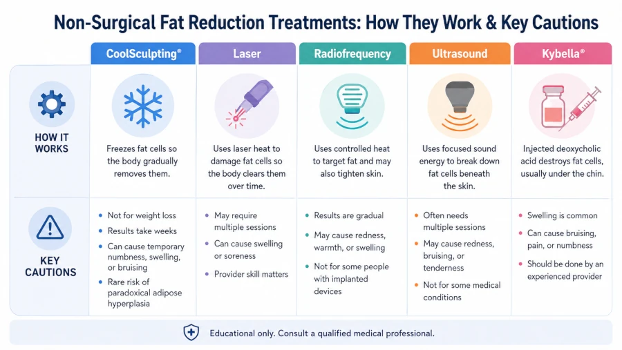 Chart comparing CoolSculpting, laser, radiofrequency, ultrasound, and Kybella by how they work and key cautions.