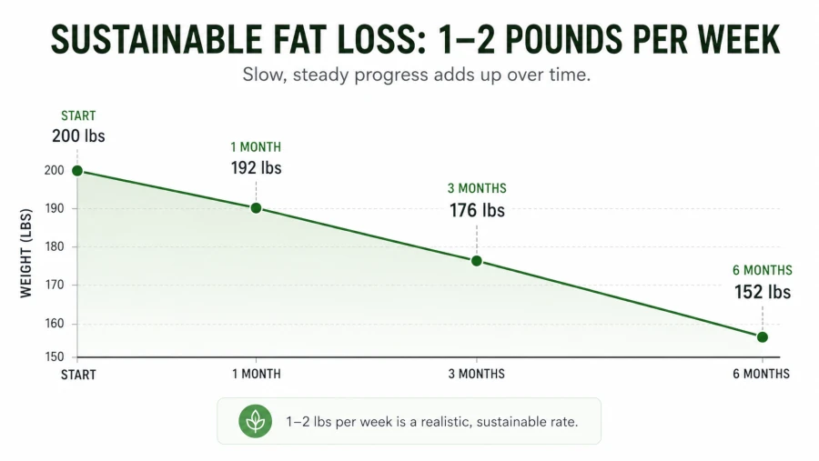 Timeline graphic showing sustainable fat loss of one to two pounds per week over several months.