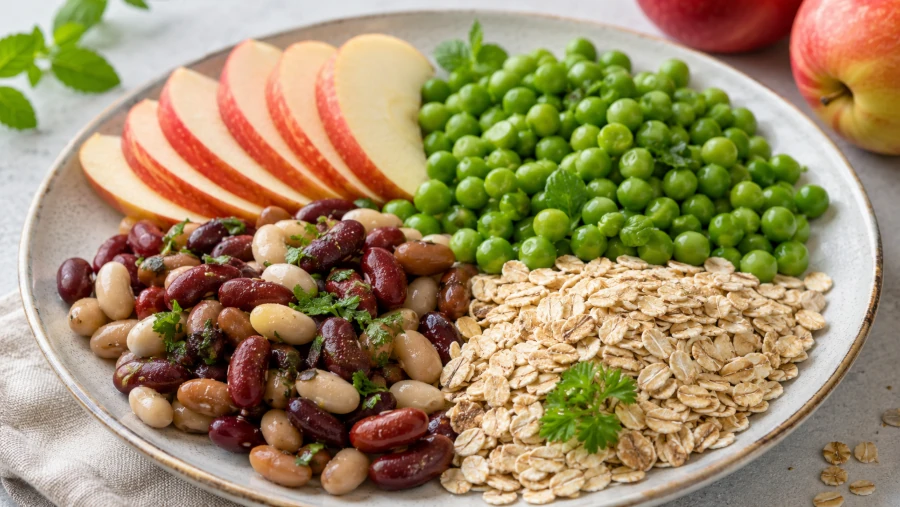 Plate of high-soluble-fiber foods including apples, green peas, beans, and oats to help achieve a flat stomach.
