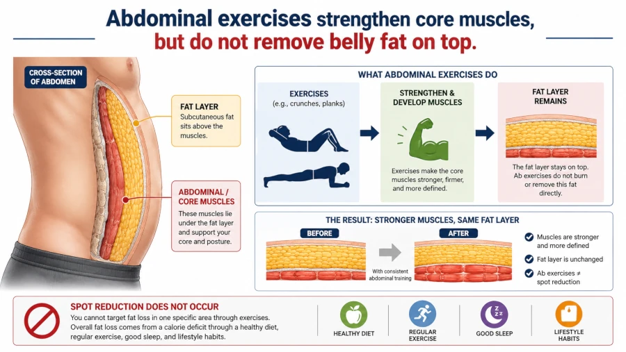 Diagram showing abdominal exercises strengthen core muscles but do not remove the fat layer above them.