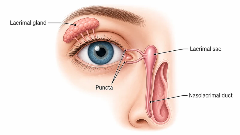 Diagram showing lacrimal glands, puncta, lacrimal sac, and nasolacrimal duct.
