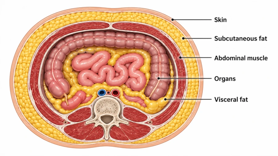 Cross-section of the abdomen comparing subcutaneous fat under the skin with visceral fat around the organs.
