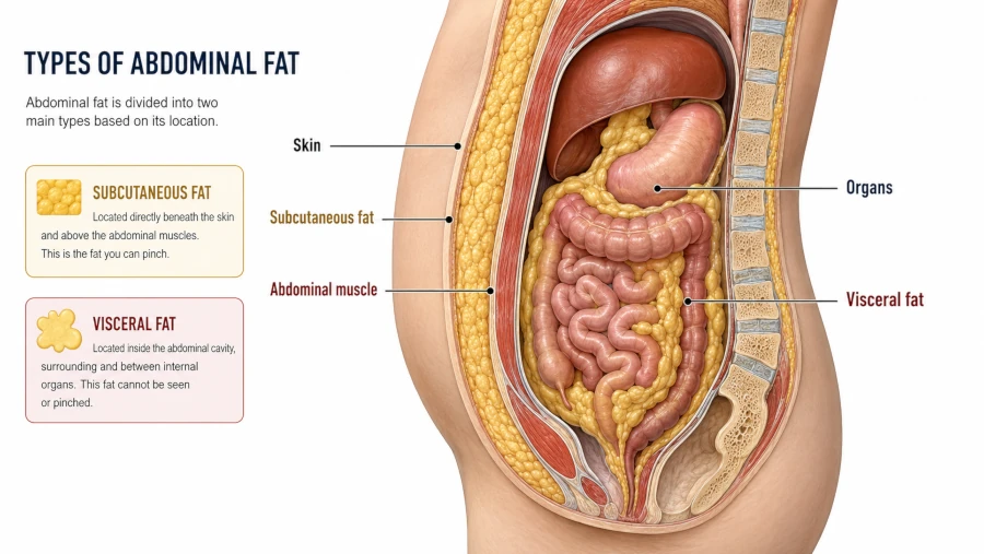 Cross-section diagram showing subcutaneous belly fat under the skin and visceral fat around the organs.