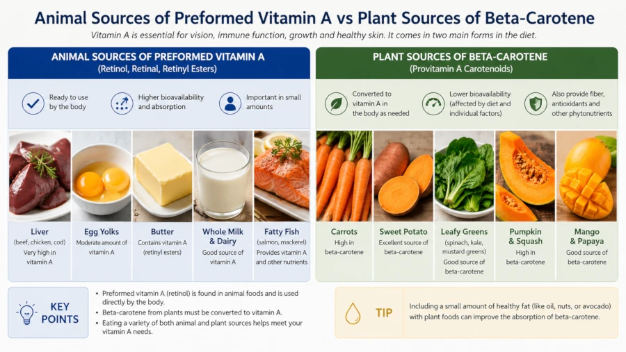 Animal sources of preformed vitamin A compared with plant sources of beta-carotene.