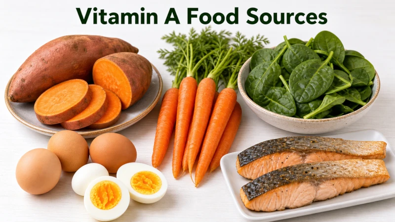 Sweet potatoes, carrots, spinach, eggs, and fish as food sources of vitamin A for dry tear ducts.