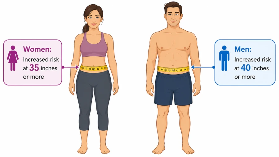Illustration of measuring waist circumference with risk thresholds of 35 inches for women and 40 inches for men.