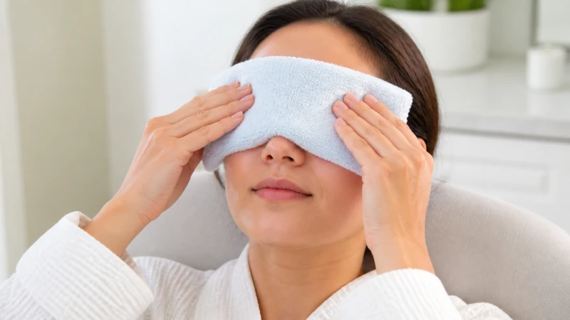 Person placing a warm clean washcloth over closed eyelids.