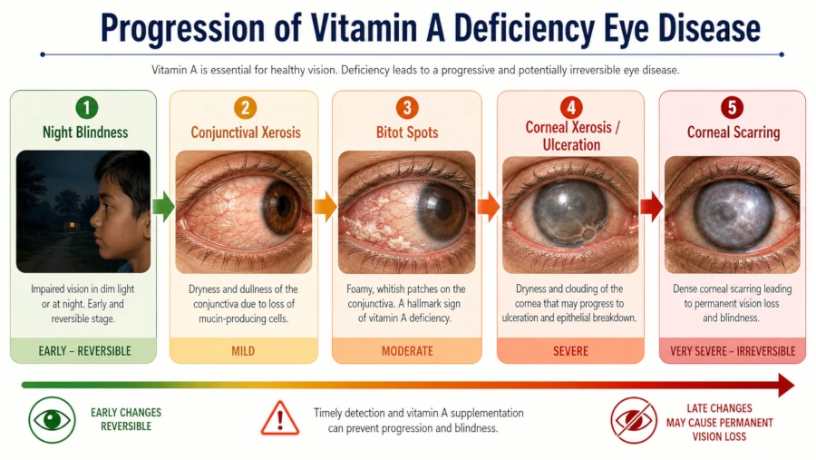 Progression of vitamin A deficiency eye disease from night blindness to corneal scarring.