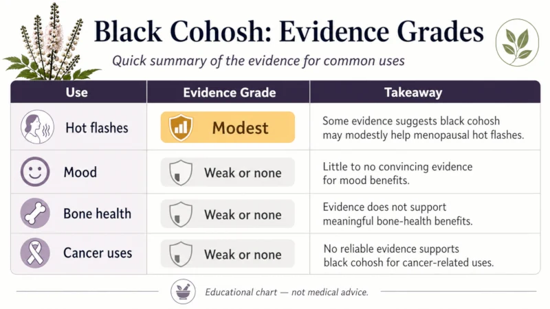 Chart grading the benefits of black cohosh evidence: modest for hot flashes, weak or none for mood, bone, and cancer uses