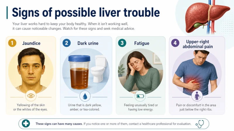 Signs of possible liver trouble: jaundice, dark urine, fatigue, upper-right abdominal pain.