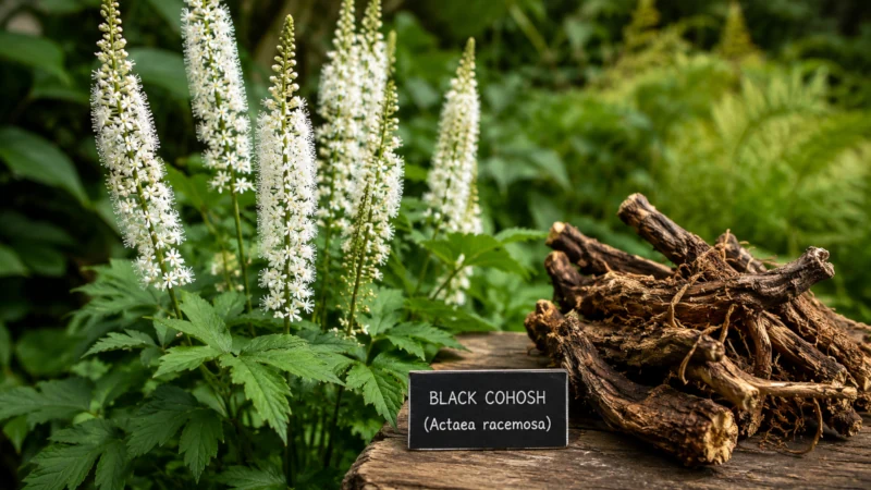 Black cohosh plant with tall white flower spikes beside dried root used in supplements.