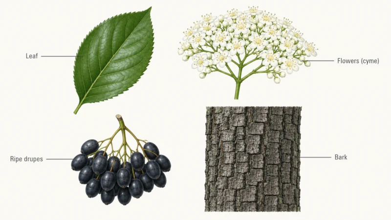 Labeled diagram of black haw viburnum showing oval serrated leaves, white flower cyme, blue-black drupes, and gray-black plated bark
