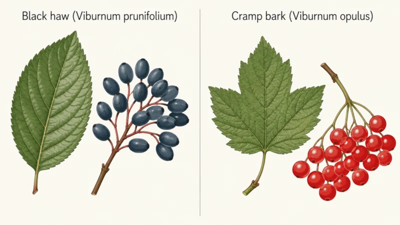 Side-by-side comparison of black haw and cramp bark showing leaf shape, fruit color, and native range differences
