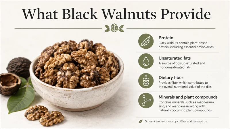 Black walnut kernels with a nutrition-focused graphic highlighting protein, unsaturated fats, fiber, and minerals.