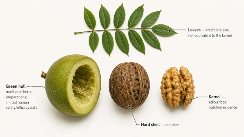 Black walnut showing the edible kernel, hard shell, green hull, and leaves with labeled parts.