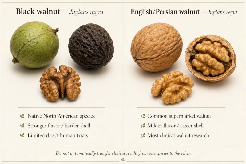 Side-by-side comparison of black walnut and English walnut with scientific names and evidence differences.