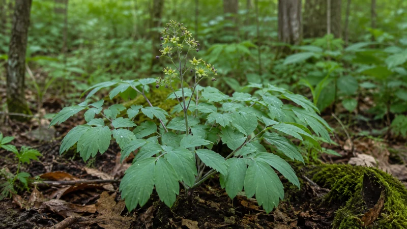 Blue cohosh plant in a shaded woodland showing blue-green compound leaves and spring flowers
