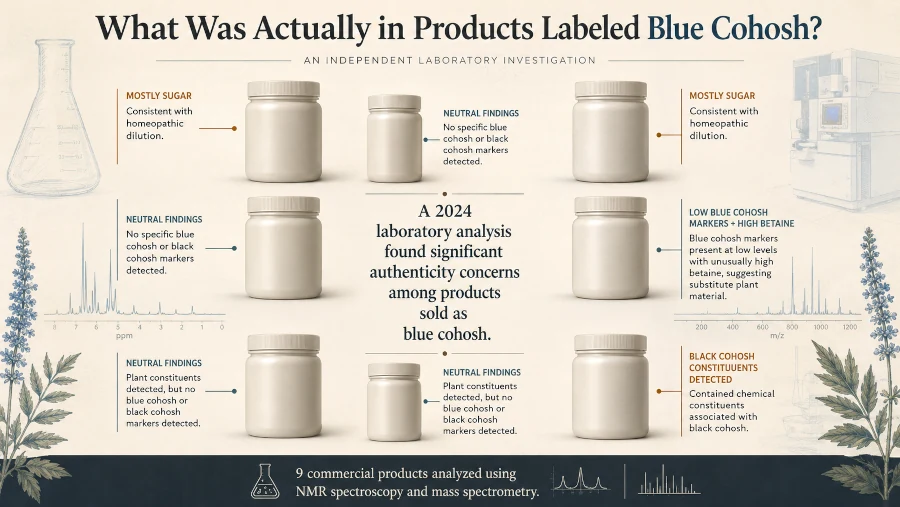 Infographic summarizing 2024 laboratory testing of nine products labeled as blue cohosh