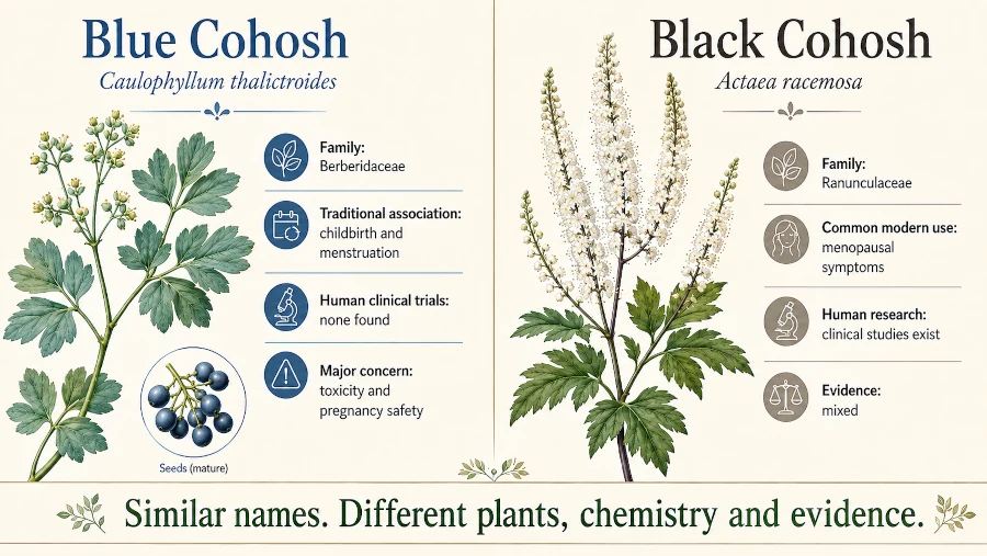 Side-by-side comparison of blue cohosh and black cohosh showing their different plants, families, traditional uses and evidence