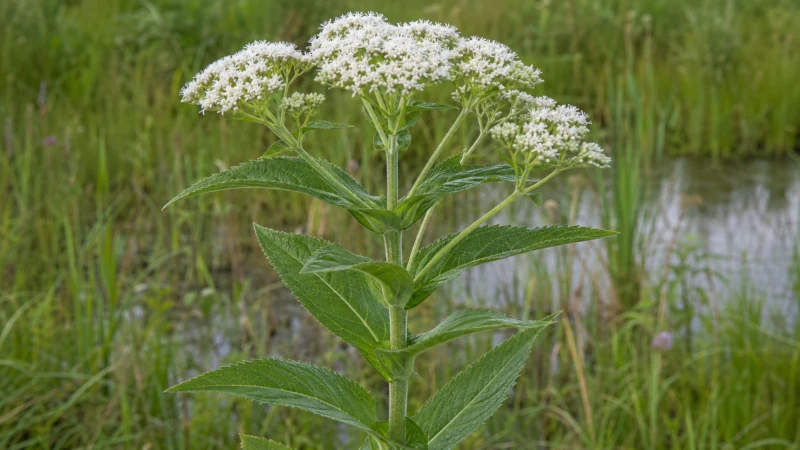 Boneset plant with clasping, perfoliate leaves and white flower clusters