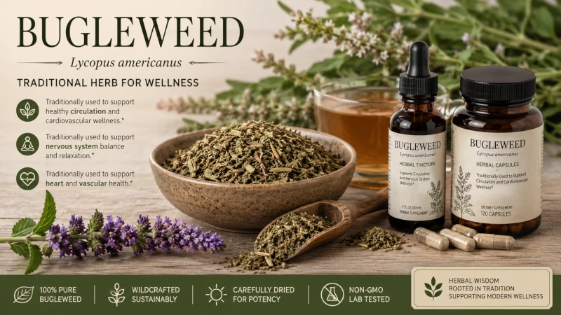 Bugleweed sold as dried herb for tea, tincture, and capsules.