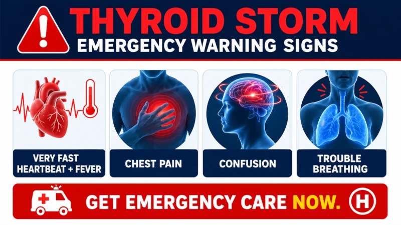 Warning signs of thyroid storm needing emergency care: very fast heartbeat with fever, chest pain, confusion, trouble breathing.
