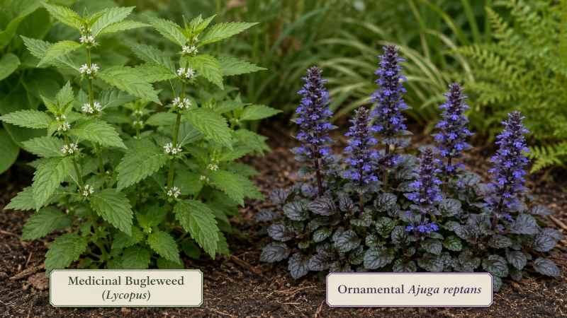 Comparison of medicinal bugleweed (Lycopus) with small white flowers beside ornamental Ajuga reptans with blue-purple flower spikes.