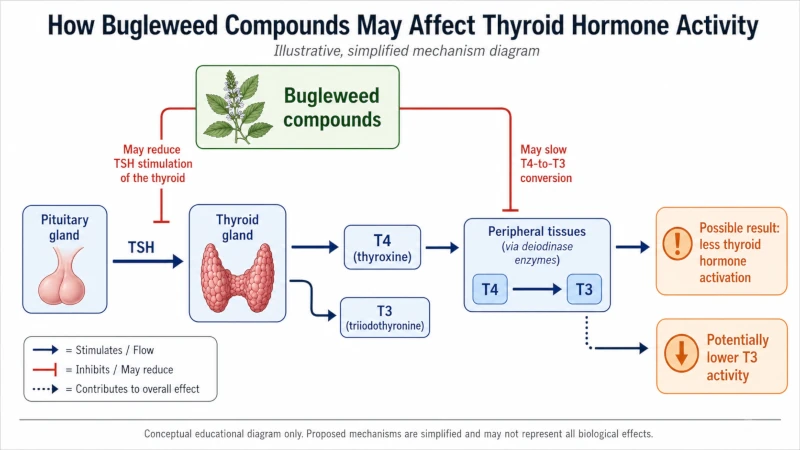 Diagram showing how bugleweed compounds may reduce TSH stimulation of the thyroid and slow T4-to-T3 conversion.