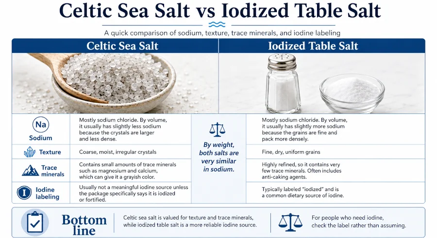 Celtic sea salt and iodized table salt compared for sodium, texture, trace minerals, and iodine labeling.