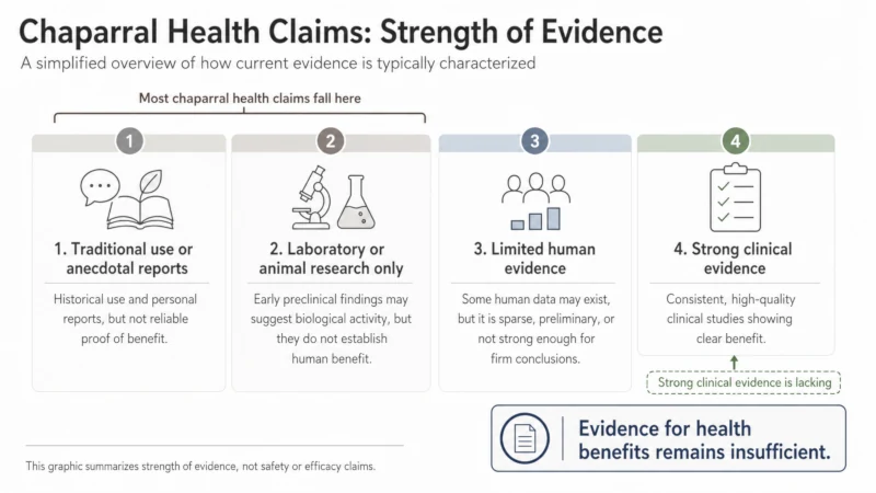 Chart grading chaparral health claims from lab-only to insufficient evidence.