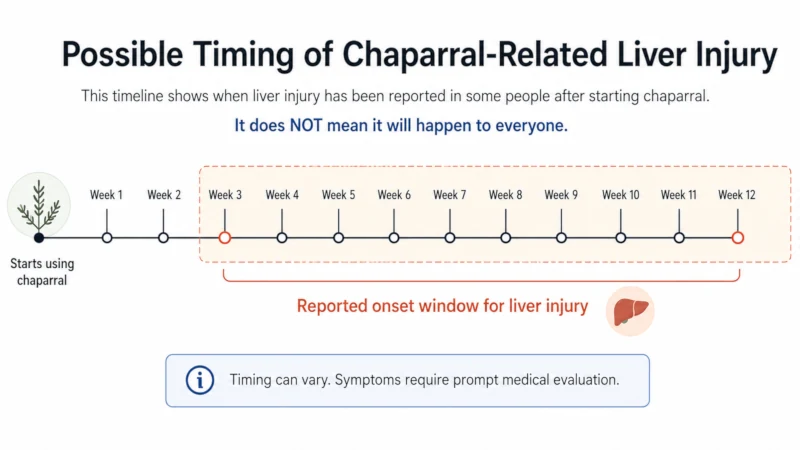 Timeline showing chaparral plant-related liver injury typically appearing 3 to 12 weeks after starting use.