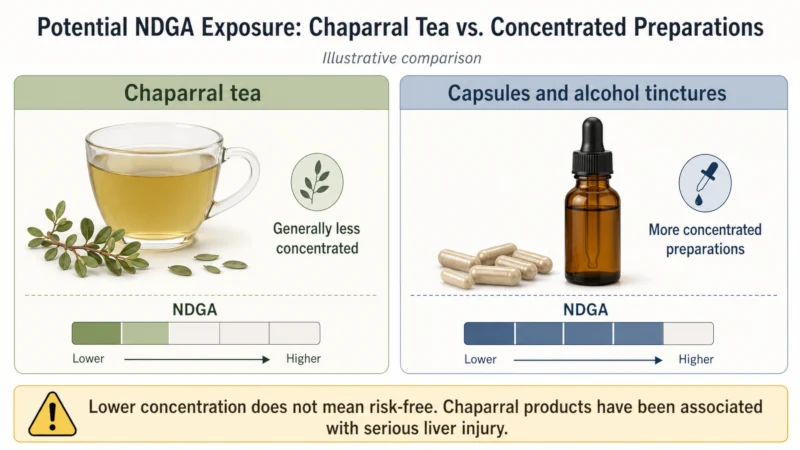 Comparison showing chaparral tea contains less NDGA than capsules and alcohol tinctures.