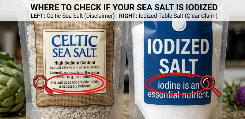 Two salt package labels showing where to check whether sea salt is iodized.