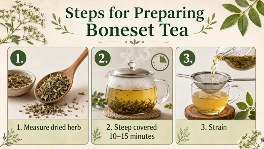 Steps for preparing boneset tea: measure dried herb, steep covered 10-15 minutes, strain.