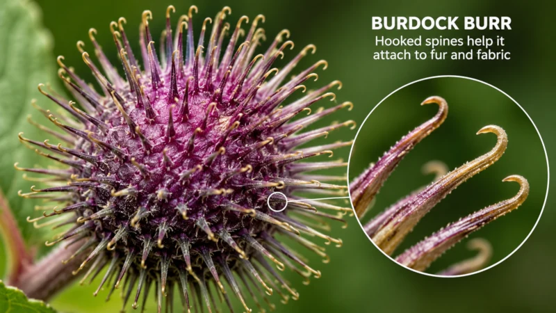 Close-up illustration of a burdock burr showing its hooked spines.