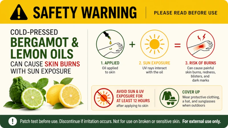 Safety card warning that cold-pressed bergamot and lemon oils can cause skin burns with sun exposure.