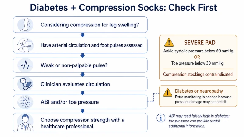 Flowchart showing medical checks recommended before compression socks are used by someone with diabetes