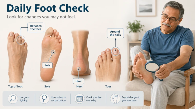 Illustration showing areas of the foot to inspect daily, including the sole, heel, between the toes, and around the toenails