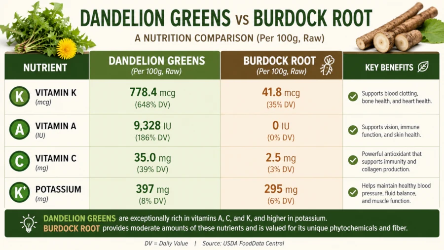 Chart comparing vitamin K, vitamin A, vitamin C, and potassium in dandelion greens versus burdock root
