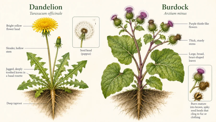 Illustration comparing a flowering dandelion plant and a burdock plant with its burrs.