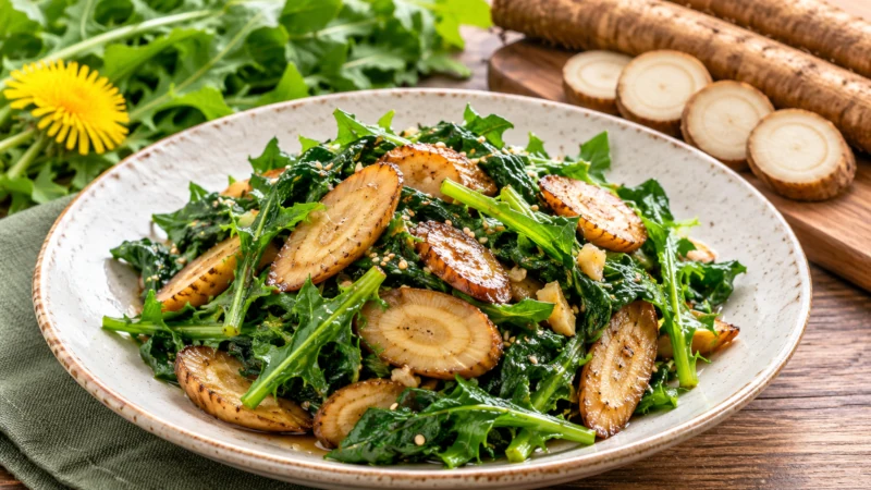 Fresh dandelion greens and sliced burdock root prepared as food