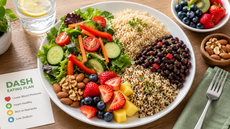 DASH-style plate with vegetables, beans, whole grains, fruit, nuts, and low-sodium foods.